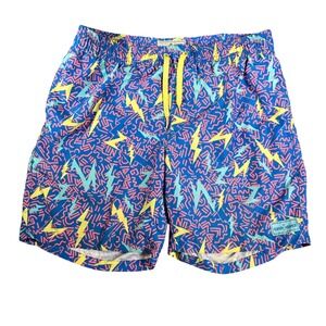 Tipsy Elves Men Medium Blue Neon 80s Geometric Lightning Bolt Swim Trunks Shorts